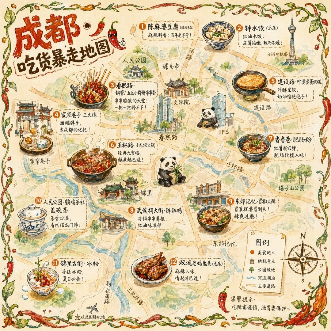 AI-generated Chengdu city food map illustration
