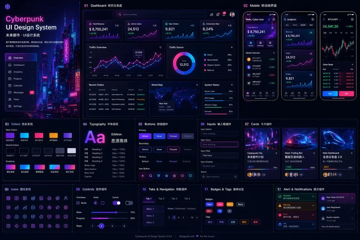 Ejemplo generado con GPT Image 2: Sistema de diseño UI cyberpunk