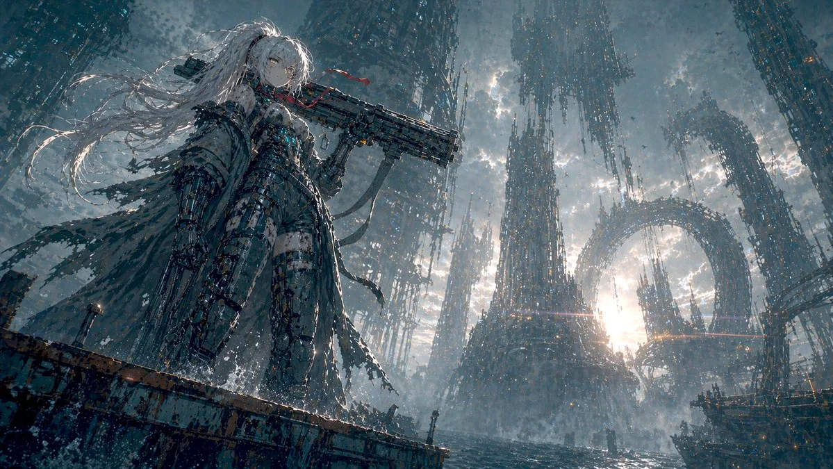 Ejemplo generado con GPT Image 2: Key visual mecha girl en ciudad marina