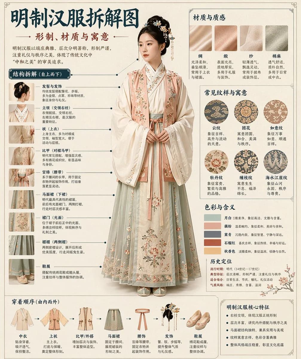 AI-generated museum-style illustrated infographic of traditional Chinese Hanfu clothing breakdown