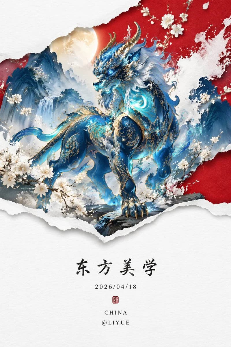 AI-generated Eastern mythology poster featuring the mythical Qiongqi beast