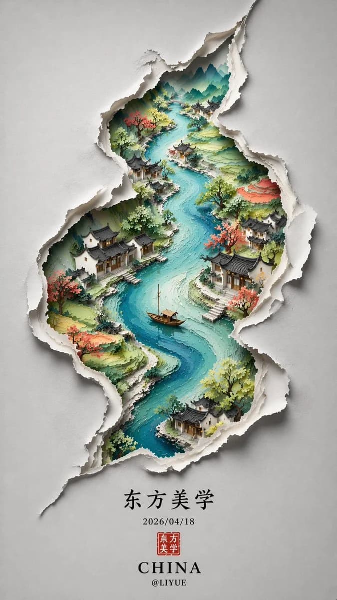 AI-generated minimalist Chinese S-shaped fissure poster revealing colorful landscape