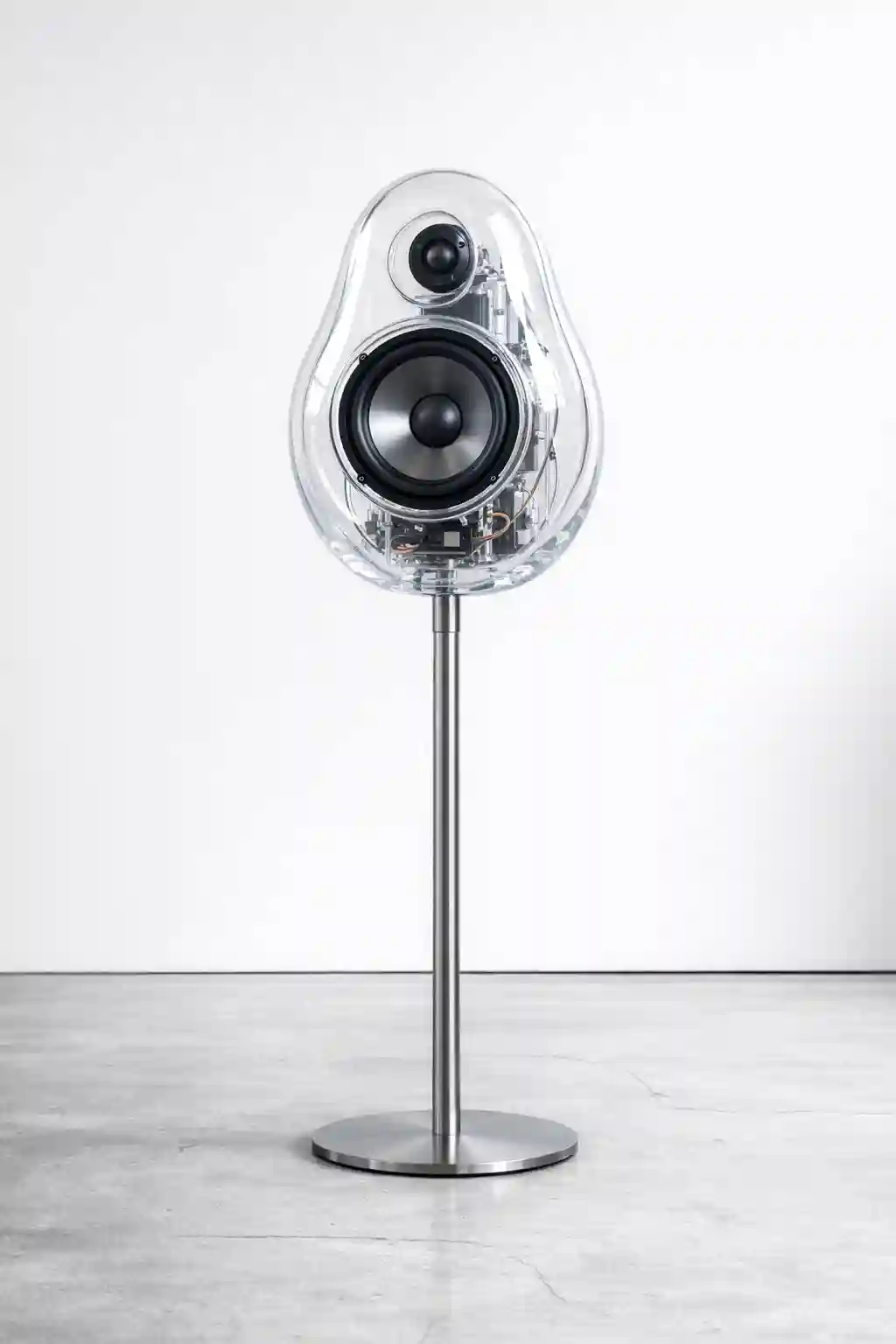 AI-generated glass speaker product shot showcasing fine high-resolution detail