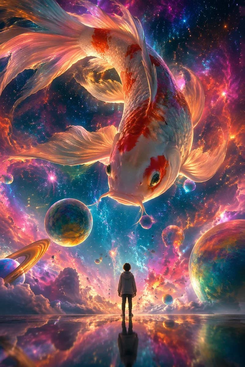 AI-generated surreal illustration of koi fish swimming through a colorful fantasy nebula