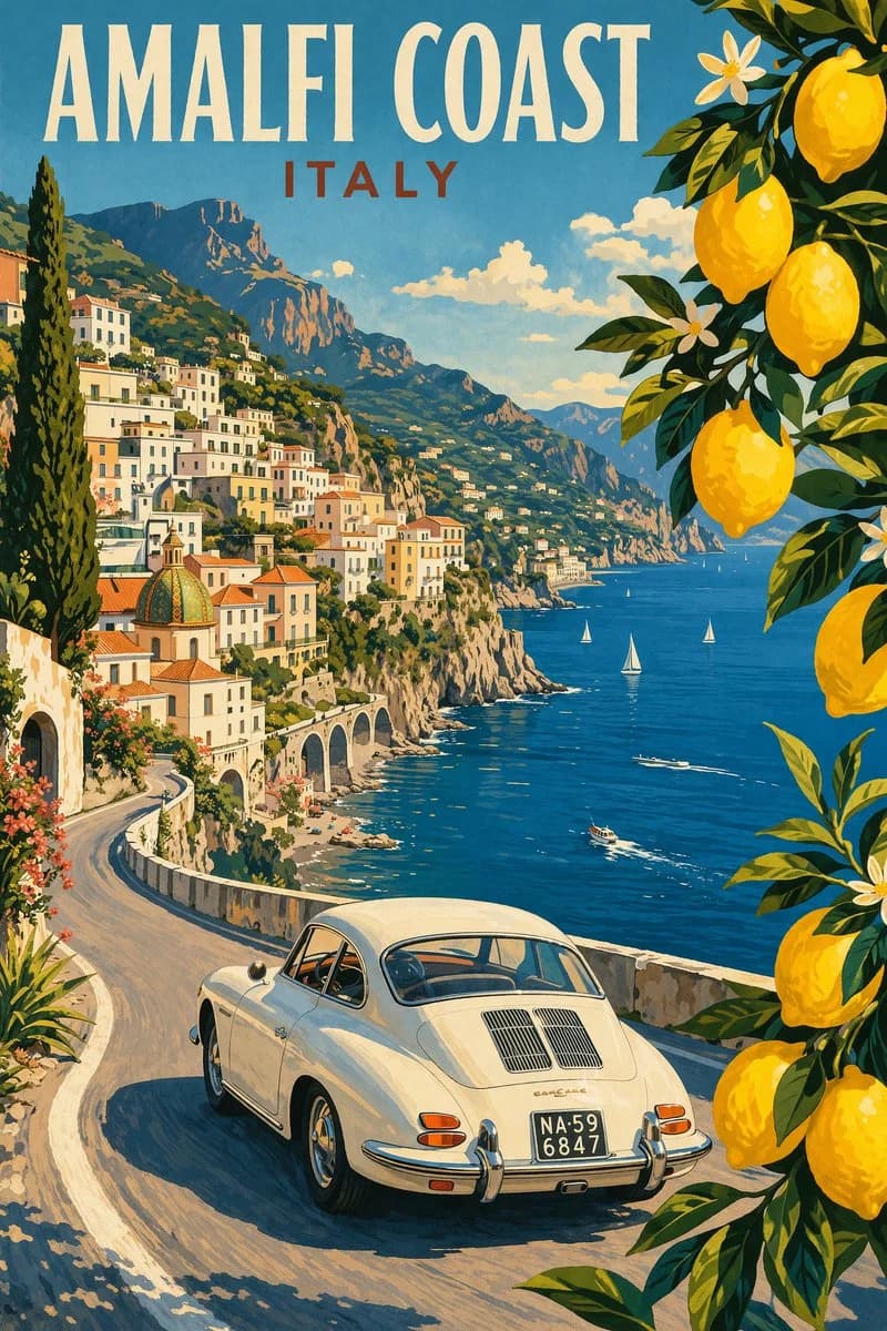 AI-generated vintage travel poster of the Amalfi Coast with retro 1960s illustration style