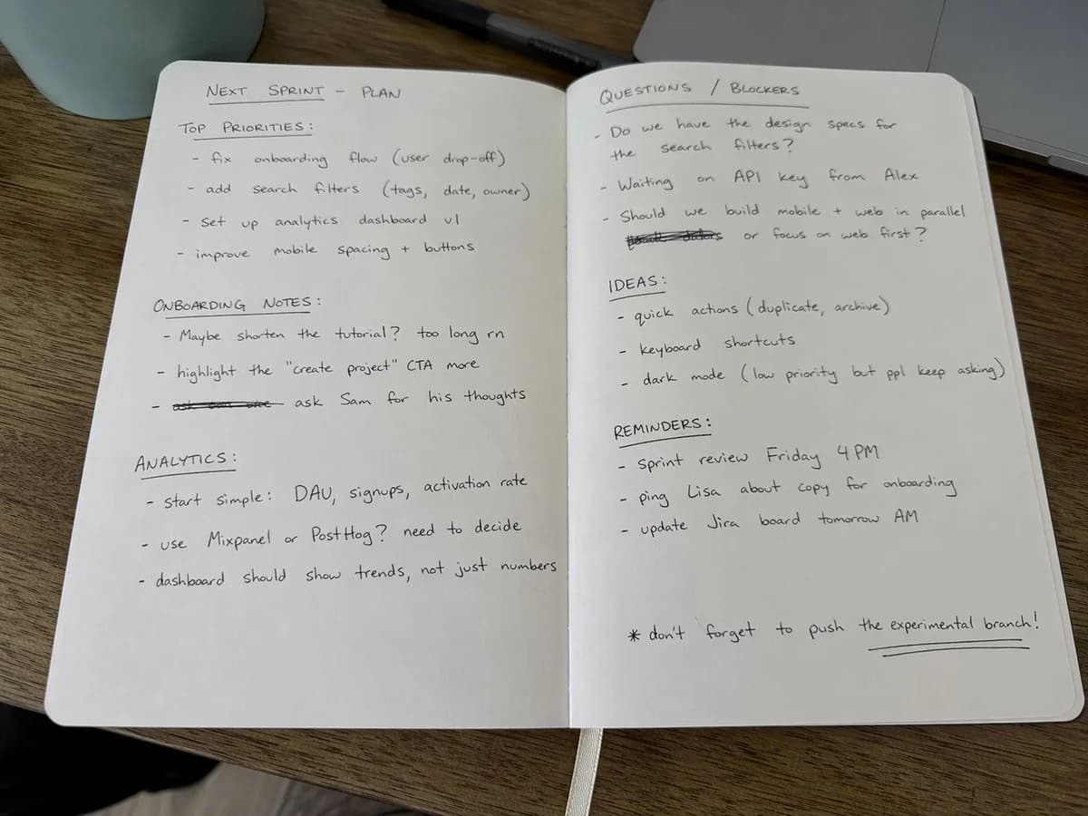 AI-generated photorealistic photo of a handwritten notebook with casual ballpoint pen notes
